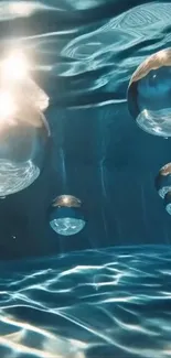 Floating orbs underwater with light ripples.