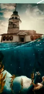 Surreal scene with lighthouse and underwater landscape.