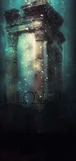 Underwater temple with love theme and bubbles in mobile wallpaper.