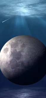 Moon reflected underwater with a dark blue ethereal backdrop, ideal for mobile wallpaper.