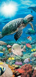 Vibrant underwater scene with fish and turtle.