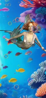 Artistic mermaid swimming in vibrant ocean scene with colorful coral and fish.