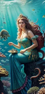 Mermaid surrounded by aquatic life in a colorful underwater fantasy scene.