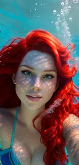 A vibrant underwater mermaid with red hair in a fantasy ocean scene.