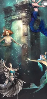 Enchanted underwater scene with mermaids and mystical ruins.