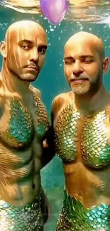 Two mermen in mythical underwater scene.