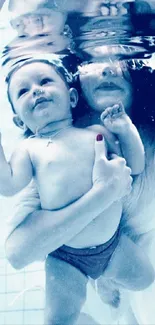 Mother and child swimming underwater in a serene blue setting.