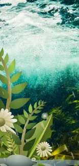 Underwater wallpaper with seaweed and daisies in teal tones.