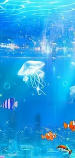 Colorful underwater cityscape with fish and jellyfish.