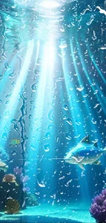 Underwater scene with fish and sunlight rays, vibrant and serene.