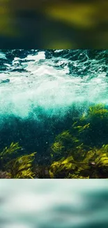 Vibrant underwater ocean wave scene with sea plants and aqua hues.