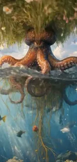 Fantasy wallpaper with an octopus and floating island.