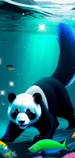 Playful panda swimming with vibrant sea creatures, creating a lively underwater scene.