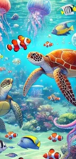 Colorful underwater scene with turtles and fish in a vibrant ocean setting.