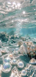 Underwater view with pearls and seashells on the ocean floor.