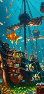 Underwater pirate ship with tropical fish.