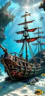 Majestic pirate ship in vibrant underwater scene with marine life.