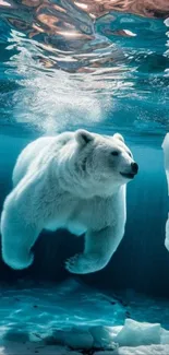 Polar bear swimming underwater with ice.