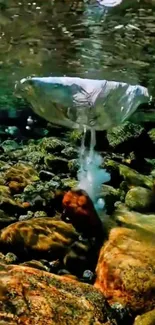 Underwater view of rocks and a splash, creating a serene and natural aesthetic.