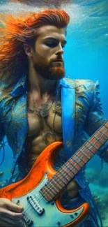 Underwater rockstar playing guitar surrounded by vibrant colors and aquatic life.