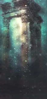 Mystical underwater ruins with teal glow and ancient pillars.