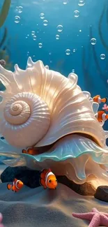 Colorful underwater scene with clownfish and conch shell.