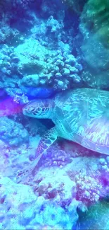 Underwater scene with turtle and coral reef in teal waters.