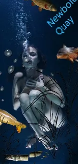 Woman underwater with koi fish swimming around, creating a serene atmosphere.