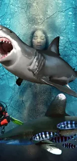 Dramatic underwater scene with sharks and a diver.