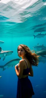 Diver amidst sharks in clear blue ocean waters, creating a serene underwater scene.