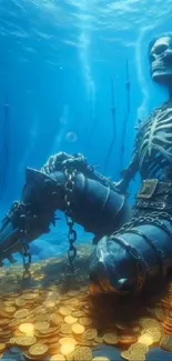 Fantasy skeleton guarding treasure underwater with blue hues.