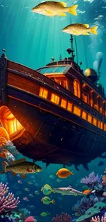 Steampunk ship drifting in vibrant, glowing underwater coral reef.