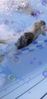 Underwater view of a swimmer surrounded by colorful bubbles.