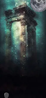 Underwater temple with moonlight reflecting on ancient ruins.