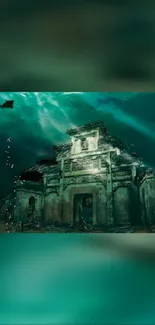 Mysterious underwater temple with diver and teal hues.