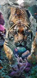 Tiger swimming through vibrant coral reef in an underwater scene.