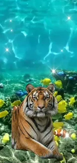 Tiger resting underwater with colorful fish in a sparkling ocean setting.