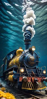 Surreal underwater scene with steam locomotive fantasy art.