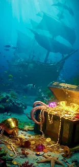 Underwater scene with a sunken ship and treasure chest