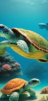 Two colorful sea turtles swim gracefully through a vibrant coral reef.