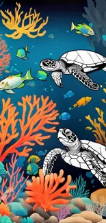 Vibrant underwater artwork with turtles and coral.