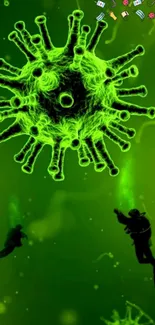 Divers interacting with a large glowing virus in a surreal, neon green underwater scene.