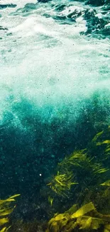 Underwater scene with waves and seaweed, capturing ocean's vibrant life.