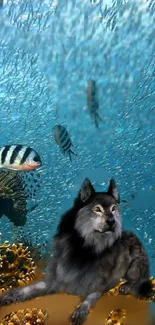 Fantasy wallpaper of a wolf under the ocean with fish swimming by.