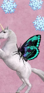 Magical unicorn with butterfly wings on a pink background.