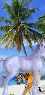 Fantasy unicorn and tiger on tropical beach with palm trees and blue sky.