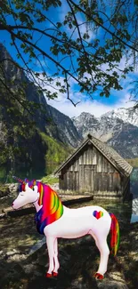 Colorful unicorn by a tranquil mountain lake and cabin.