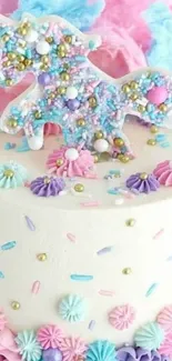 Whimsical unicorn cake with pastel colors and sprinkles.