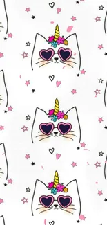 Cartoon unicorn cat faces with heart eyes on white wallpaper.