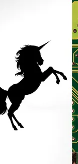 Unicorn silhouette with circuit board background on phone wallpaper.